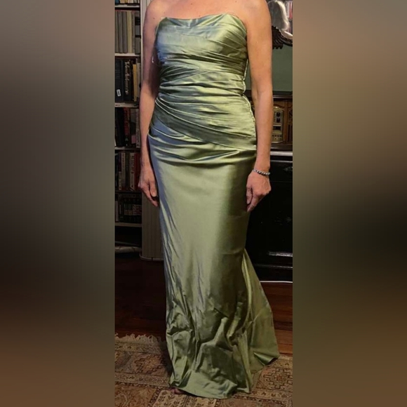 Stunning Niteline Sage Satin Strapless Gown Train Bolero Jacket Lined 14 - Picture 1 of 16